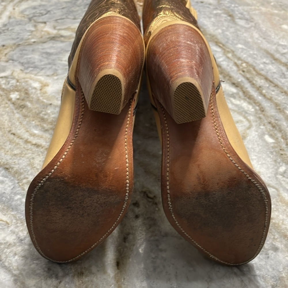 FRYE Metallic Gold Stitched Knee High Western Festival Cowboy Boots - Picture 10 of 15